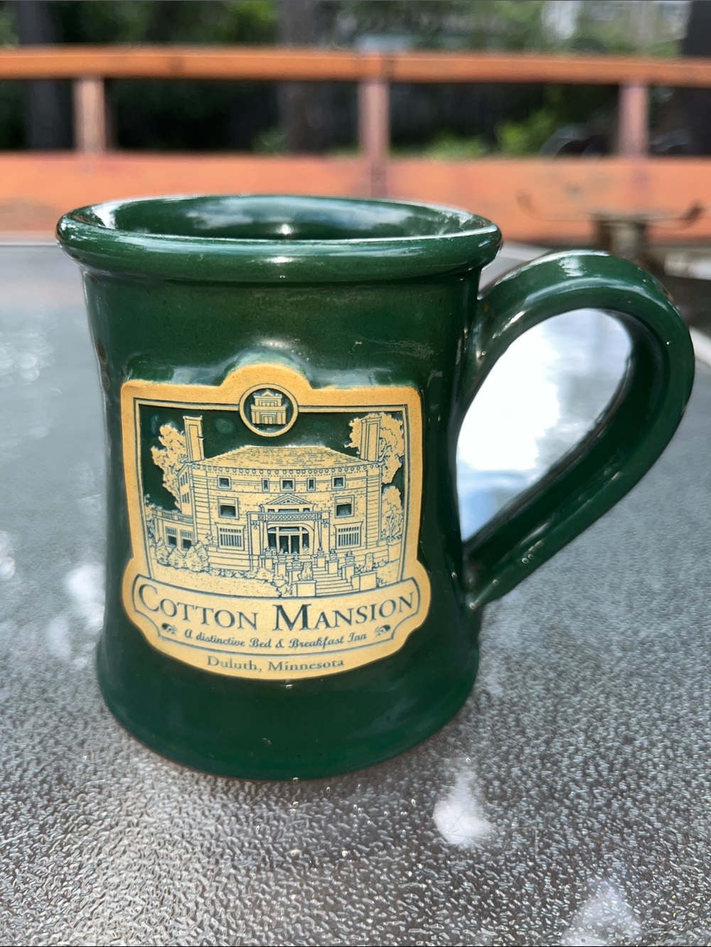 Deneen Pottery Cotton Mansion Duluth, MN Dark Green Ceramic Mug with Logo